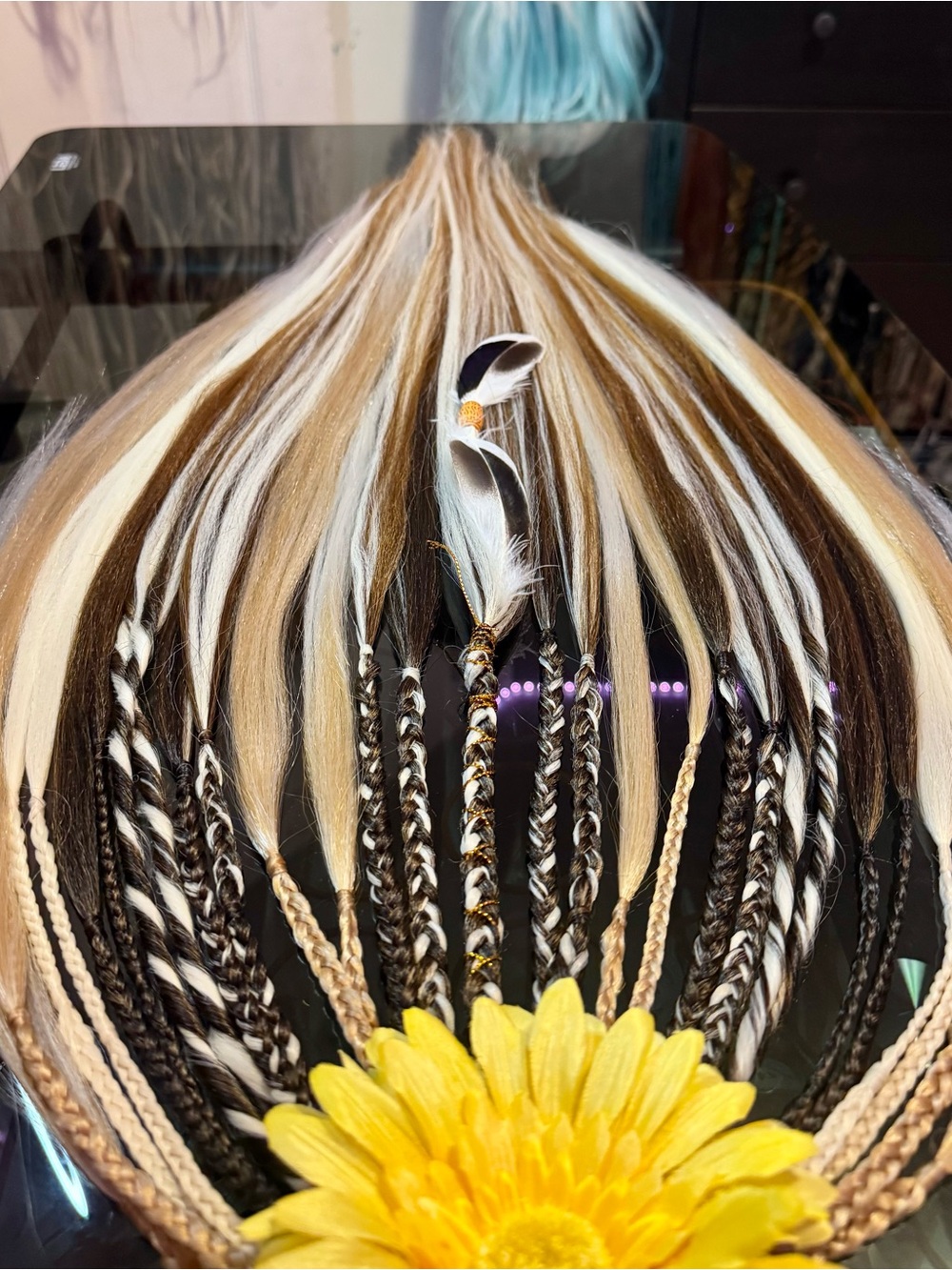 Blonde and Dark Brown Braided Hair Extensions with Feather Accent